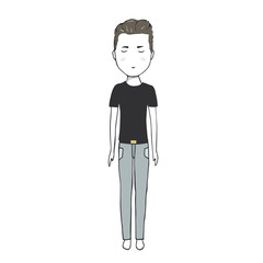 Young guy in black T-shirt hipster men digital art drawing illustration brown hair rock biker boy kid full-length on white background