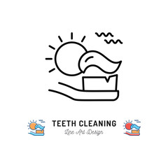 Brushing Teeth Morning, Toothbrush with toothpaste and sun icon. Dental care thin line icons, Vector flat illustration