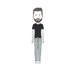 Young guy in black T-shirt hipster men digital art drawing illustration brown hair rock biker boy vector guy face smile friend family beard man full-length on white background