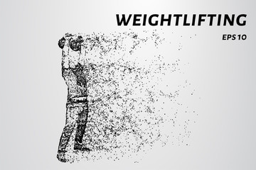 Fototapeta na wymiar Weightlifter of the particles. Weightlifter lifts weights consists of circles and dots.