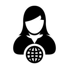 Business icon vector female person profile avatar with globe symbol for international network connection in glyph pictogram illustration