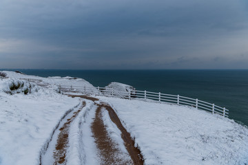 Coastal path covered in snow, Cornwall