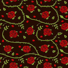 Naklejka premium Seamless vector pattern with red roses, stems, petals and green leaves.