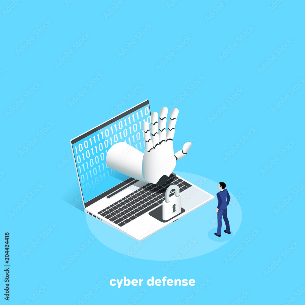Poster a man in a business suit is standing with a laptop with a lock and a cyber arm ordering to stop, an 