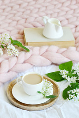 Cup with white coffee, milk, pink pastel giant blanket, bedroom, morning concept, bird cherry tree flowers, book reading 