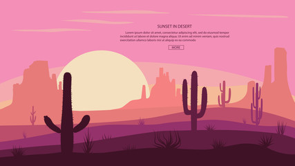 Naklejka premium Desert landscape Cactuse and mountains , sunset in cannon, Background scene with stones and sand. Vector