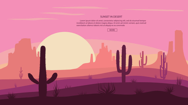 Desert landscape Cactuse and mountains , sunset in cannon, Background scene with stones and sand. Vector