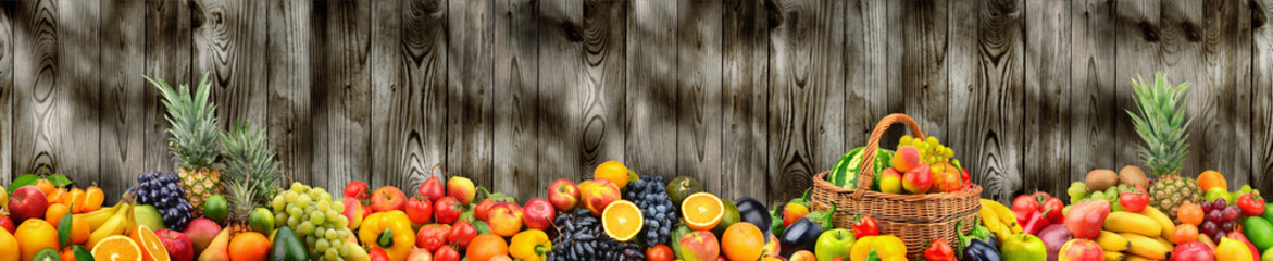 Panoramic photo healthy vegetables and fruits on background dark wooden wall.