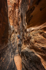 Woman Hiker in a Very Narrow Slot Canyon, Capitol Reef National Park. A young woman squeezes through a claustrophobic slot canyon on the Cohab Canyon trail in the Capitol Reef National Park, Utah.