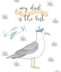 Best Dad, Happy Fathers Day, white background with blue clouds. Greeting card template. Gull digital clip art. Geometric giftcard. Best father. Captain Dreamer dad. Text data ready card. Sailor