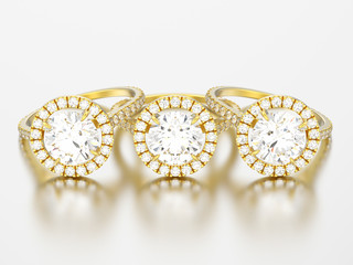 3D illustration three gold engagement wedding diamond rings