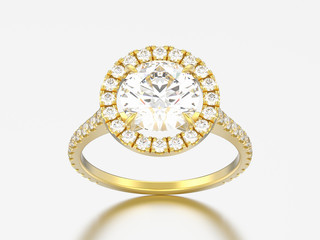 3D illustration yellow gold engagement wedding diamond ring
