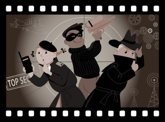 Three kids playing secret agents in an old movie frame, EPS 8 vector illustration