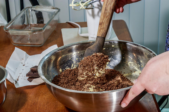 Cake Batter And Chocolate Shavings In Silver Bowl