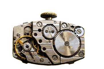 Close view of old clock mechanism with gears and cogs