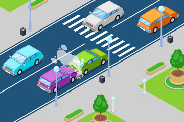 Car crash, vector isometric 3D illustration. Accident in front of crosswalk. Safety traffic, road insurance concept