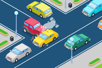 Car crash, vector isometric 3D illustration. Street accident at intersection of the main and secondary roads.
