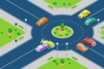 Car crash, vector isometric 3D illustration. Street accident at roundabout junction road. © Qualit Design