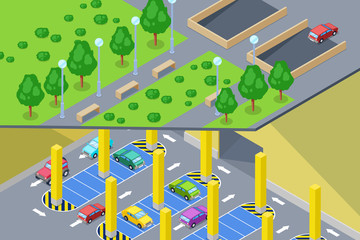 Street underground car parking. Vector isometric 3D illustration. Urban building construction and city transport concept
