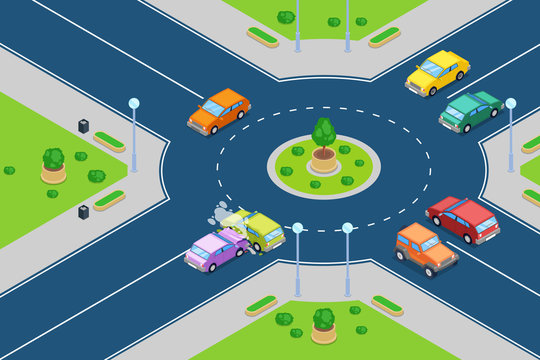 Car crash, vector isometric 3D illustration. Street accident at roundabout junction road.