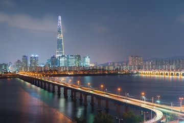 South Korea skyline of Seoul, The best view of South Korea with Lotte world mall at Jamsil.