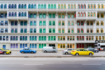 Colorful heritage building windows in Singapore. Neoclassical style building with colorful windows in Singapore.