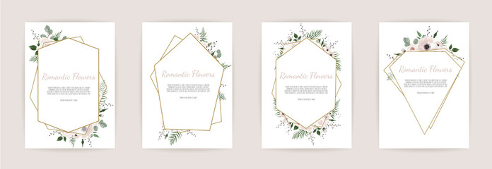 set botanic card with wild flowers, leaves. Floral poster, invite.