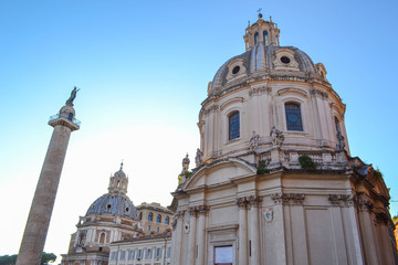 Naklejka premium Church of the Most Holy Name of Mary at the Trajan Forum and the Trajan's Column in Rome, Italy. Chiesa del Santissimo Nome di Maria al Foro Traiano. Colonna Traiana