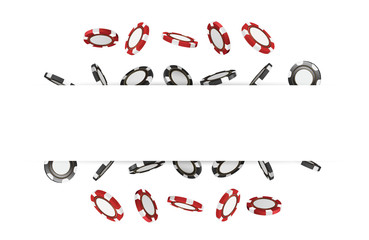 Casino red and black chips isolated on white realistic vector 3d objects. Online casino banner with place for text. Red and black realistic chip in the air. Gambling poker concept