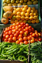 Etale de marché à Mandawa, oranges, citrons et piments , vente fruits et légumes