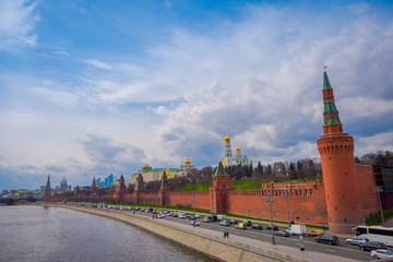 Outdoor view of Moscow Kremlin wall and Cathedrals cupolas