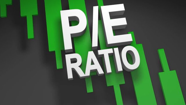 P/E ratio, price to earnings ratio 3D title animation for stock market