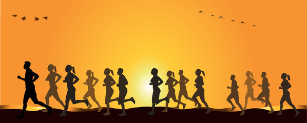 People running and jogging  in morning silhouette
