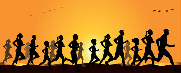 Fototapeta na wymiar People running and jogging silhouette