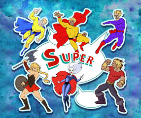Bright and colorful cartoon set of funny and awesome team of amazing super characters in cool costumes