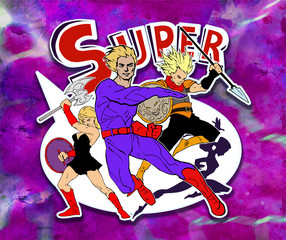 Bright and colorful cartoon set of funny and awesome team of amazing super characters in cool costumes