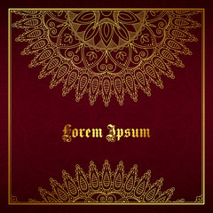 Greeting card, invitation or flyer template with golden mandala ornament. Hand drawn vector illustration