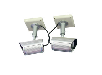 Two security camera monitor in office building isolated on a white backround with clipping path