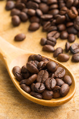 coffee beans and spoon wooden on wood background