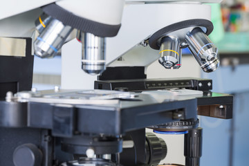 Close up of microscope at the blood laboratory, Concept of Laboratory	
