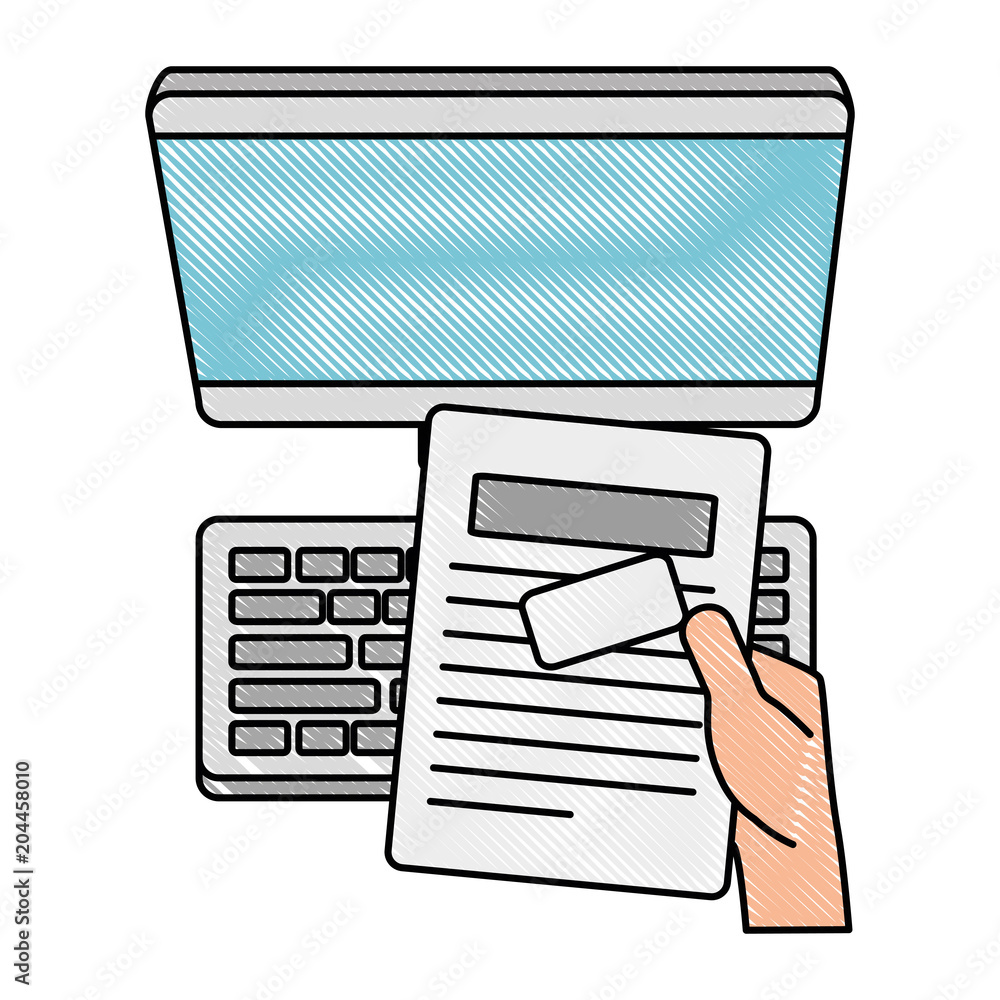 Poster computer desktop with hand and document vector illustration design