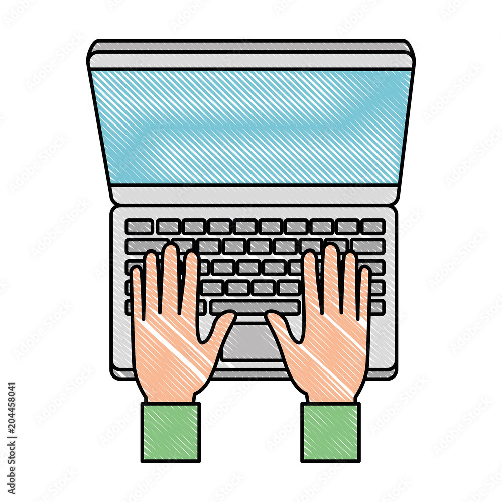 Poster hands using computer laptop vector illustration design