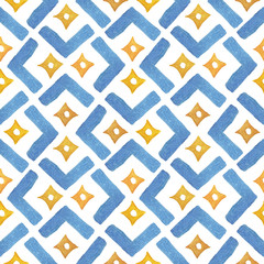 Watercolor pattern with blue arrows and yellow forms