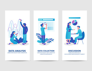 business data analysis, data collection and meeting discussion character design vector illustration flat design.