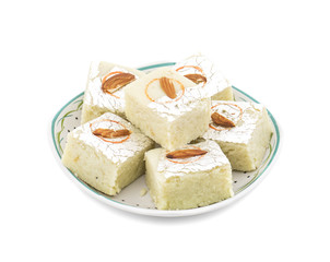 Indian Sweet Food Badam Barfi Also Know As Mithai, barfee, Mawa Barfi, Mava barfi, Almond Sweet, khoya Burfi Indian Popular Sweet Made up of Coconut, Mawa, Milk and Sugar isolated on white background