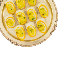 Indian Sweet Food Barfi Also Know as Dry Fruits Sweet, Mithai, barfee, Mawa Barfi, Mava barfi, khoya Burfi, orange and yellow barfi Indian Popular Sweet Made up of Coconut, Mawa, Milk and Sugar