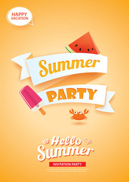 Hello summer party card banner with orange background. Use for poster, flyer, advertising, brochure, invitation, flyer.