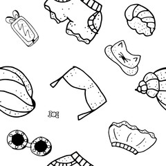 Summer seamless pattern. Endless texture with summer theme. Black and white monochrome.