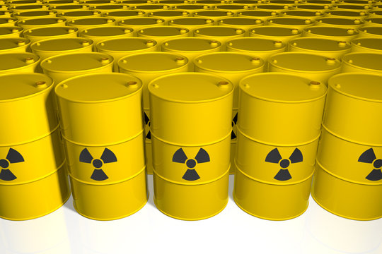 Barrels with radioactive waste. 3D render.