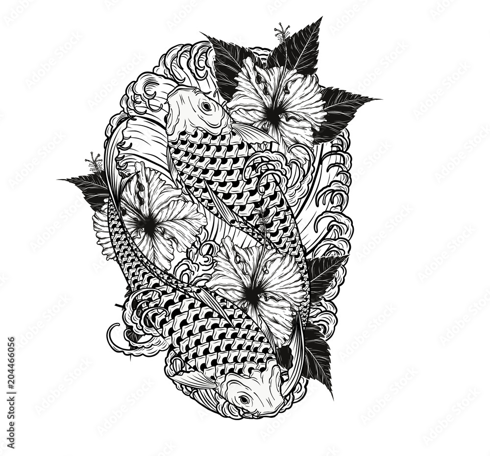 Wall mural Carp fish and chrysanthemum tattoo by hand drawing.Tattoo art highly detailed in line art style.